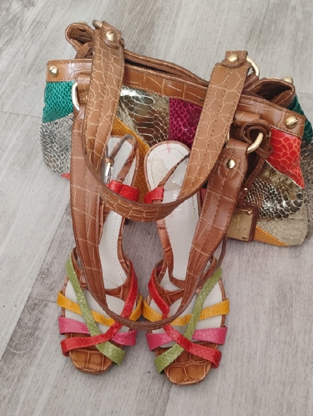 VintageNine West Multicolor Croc-Embossed Snake SkinSatchel &Shoe Combo😍🩷